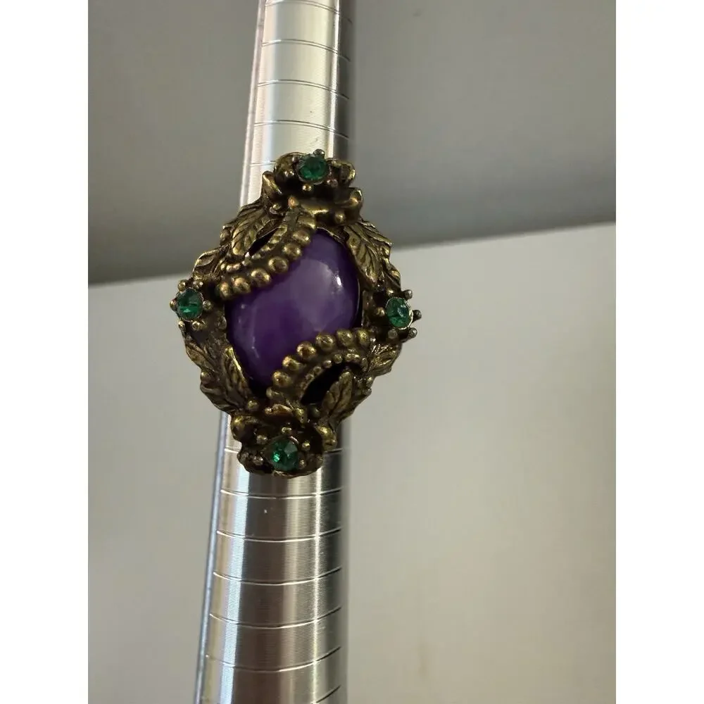 Vintage Gold Tone Purple Cabochon Green Rhinestone Ornate Statement Ring Size 6